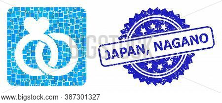 Vector Mosaic Wedding Rings, And Japan, Nagano Corroded Rosette Stamp Seal. Blue Stamp Seal Has Japa