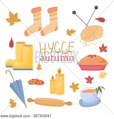 Set, Bundle Hygge Autumn Comfortable Objects Isolated On White Background. Naive Stylish Socks, Cand