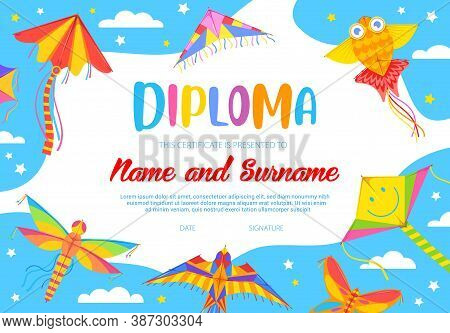 School Education Diploma Vector Template With Cartoon Kites Flying In Blue Cloudy Sky. School Or Kin