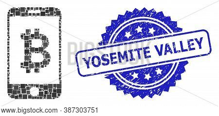 Vector Mosaic Mobile Bitcoin Bank, And Yosemite Valley Scratched Rosette Stamp Seal. Blue Stamp Seal