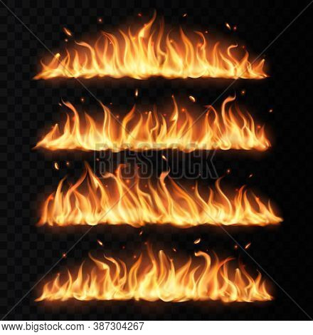 Fire Tongues, Long Burning Realistic Vector Flame With Particles, Flying Sparks And Embers. Burning 