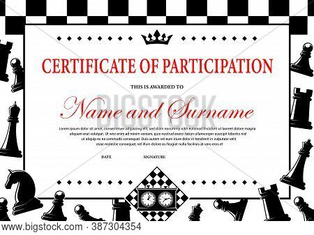 Chess Tournament Participation Certificate, Award Diploma Vector Template. Child Or Adult Chessplaye