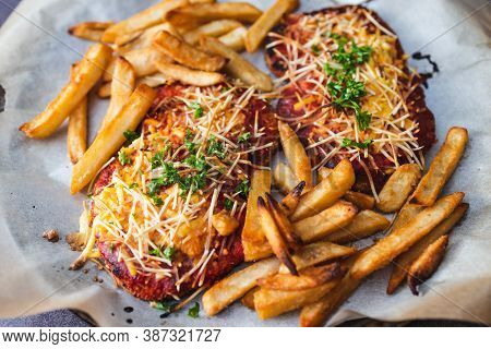 Healthy Plant-based Food Recipes Concept, Vegan Plant-based Schnitzel Parmi With Tomato And Dairy-fr