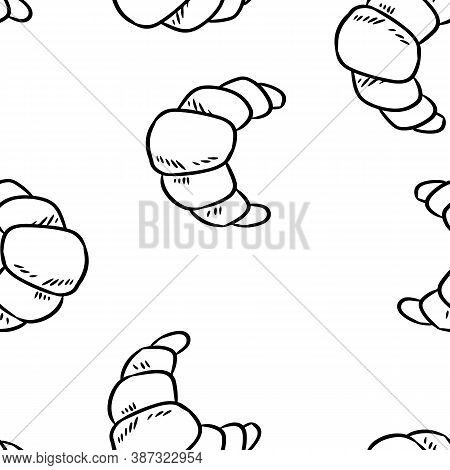 Tasty Croissant Doodles Seamless Border Pattern. Cute Cartoon Tasty Pastry Repeatable Texture Backgr