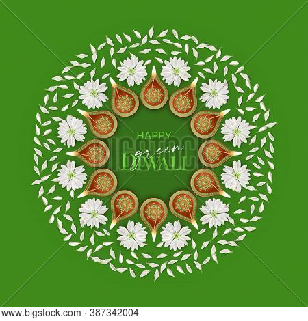 Green Diwali. Concept Design. Traditional Deepavali Festival Background With Burning Diya Lamps And 
