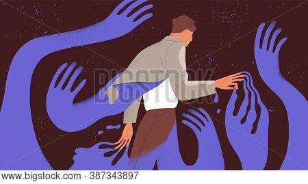 Psychological Concept Of Influence, Manipulation Or Addiction. Character Surrounded By Giant Creepin