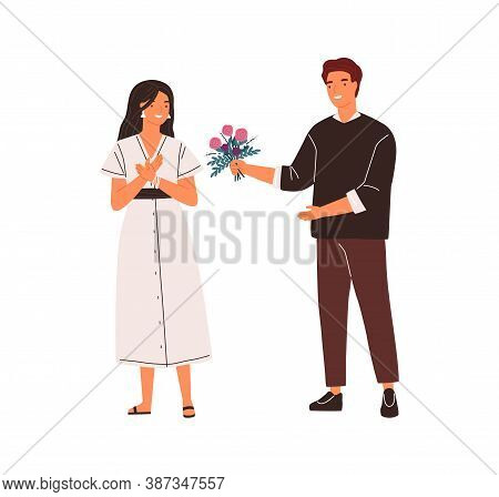 Smiling Male Admirer Giving Beautiful Flowers To Female Vector Flat Illustration. Man Making Present
