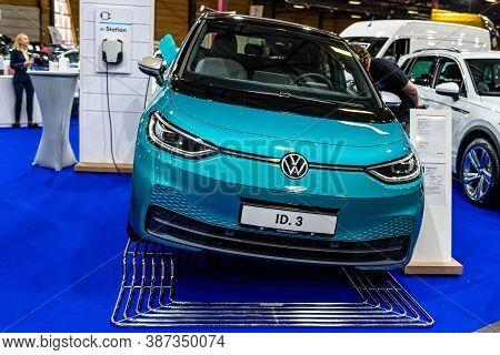 Riga, Latvia, Sep 25, 2020:  Volkswagen Id.3 Electric Car  Premiere At A Motor  Show, 2020 Model, Fr