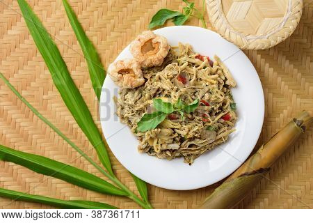 Northern Thai Food (yum Nor Mai), Spicy Bamboo Shoot Salad With Crab Paste Eating With Pork Rind, Gi