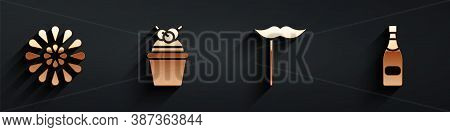 Set Firework, Cake, Paper Mustache On Stick And Champagne Bottle Icon With Long Shadow. Vector