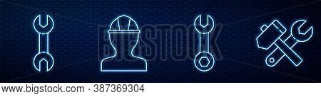 Set Line Wrench Spanner, Wrench Spanner, Worker Safety Helmet And Hammer And Wrench Spanner. Glowing