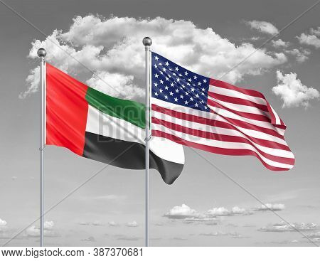 Two Realistic Flags. United States Of America Vs United Arab Emirates. Thick Colored Silky Flags Of 