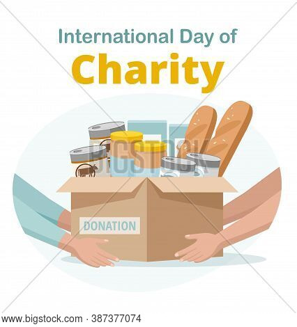 Food And Grocery Donation. Charity. Woman Gives The Box With Food Donation For Needy And Poor People