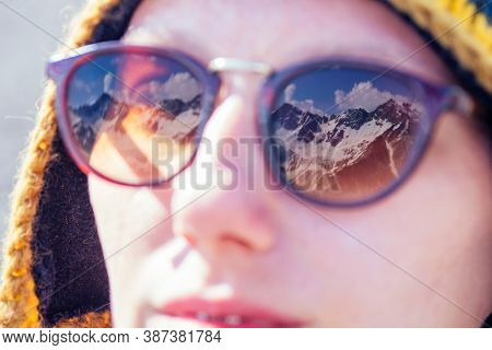 Happy Free Woman In Summer Elbrus. Reflection Of The Mountain In Glasses