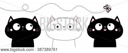 Cat Face Set. Contour Silhouette Icon Set. Flying Butterfly. Funny Kawaii Doodle Animal. Cute Cartoo