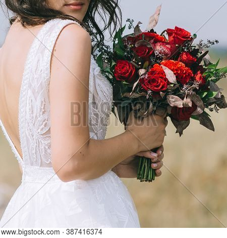 Beautiful Bride In Wedding Dress, Wedding Rings, Wedding Bouquet