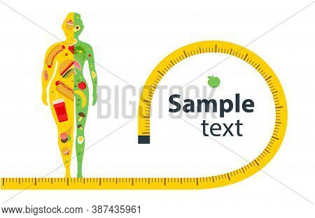 Weight Loss. The Influence Of Diet On The Weight Of The Person. Young Woman Before And After Diet An