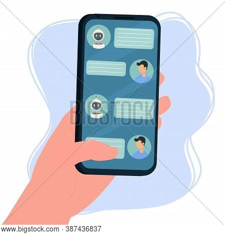 Hand Holding Smartphone, Conversation With Chat Bot Isolated On White Background Stock Vector Illust