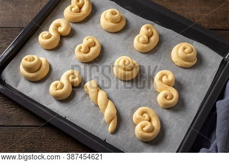 Raw Jidase - Czech Sweet Easter Pastry, On A Baking Tray, Ready To Go In The Oven