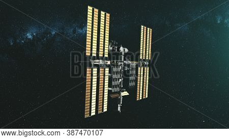 International Space Station charge from starlight. Pan left realistic ISS with solar panel. Alternative energy sources. Astronomy concept. 3d render animation. Elements of this media furnished by NASA