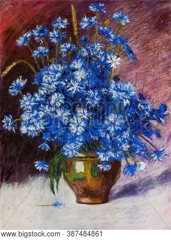 Blue Flowers In A Vase . Drawing With Pastels On Paper. Still Life Of Flowers Cornflowers . Based On