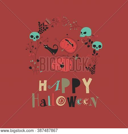 Halloween Illustration With Pumpkin And Cat On Red Background