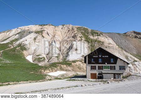 Col Du Galibier, France - July 8, 2020: Mountain Hut At The Col Du Galibier Pass