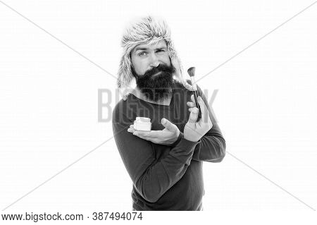 Eccentric Guy With Beard. Makeup And Greasepaint. Natural Brush. Professional Cosmetics. Stylist Car