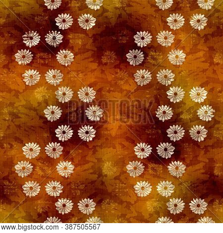 Seamless Modern Sepia Brown Flower Blockprint Print. Grunge Watercolor Texture Floral Background. Wo