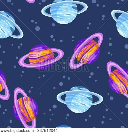 Saturn And Uranus Abstract Seamless Space Pattern Background With Planets With Rings. Solar System P