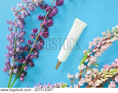 Top View Of Face And Eye Cream Squeeze, Natural Cosmetic Tube With Long Nozzle And Bronze Screw Cap.