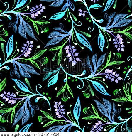 Floral Seamless Pattern With Leaves And Berries On A Black Background. Hand Drawing And Digitized. D