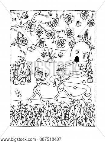 Coloring Page With Ants Coming Home, Grass, Flowers, Spring Blossom