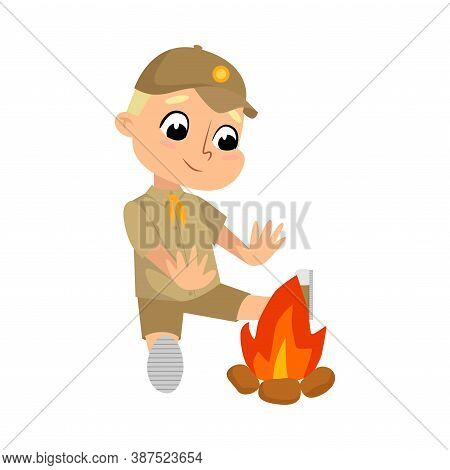 Scout Boy Sitting Near Bonfire, Cute Scouting Elementary School Child Character In Uniform, Summer H