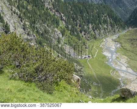 Summer View Of Winding Sulzenau Spring Sulzenaubach And Sulzenaualm Hut, Alpine Mountain Valley In S