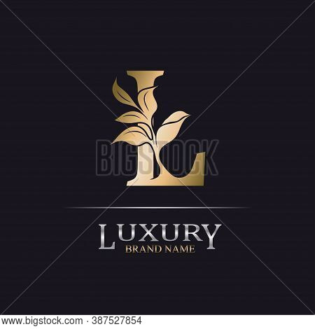 Golden Initial Letter L. Elegant Design Letter L With Floral Branch. Luxury Gold Logo Icon. Vintage 