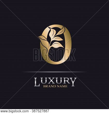 Golden Initial Letter O. Elegant Design Letter O With Floral Branch. Luxury Gold Logo Icon. Vintage 