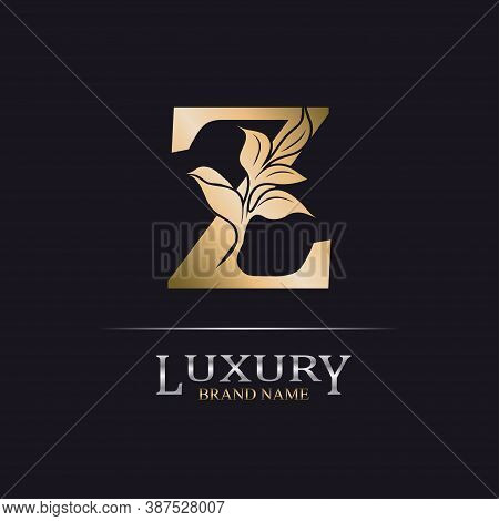Golden Initial Letter Z. Elegant Design Letter Z With Floral Branch. Luxury Gold Logo Icon. Vintage 