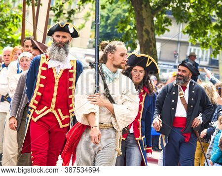 Rouen, France - June Circa, 2019. Unidentified Sailors Parade In Streets At The Festival Of The Navy