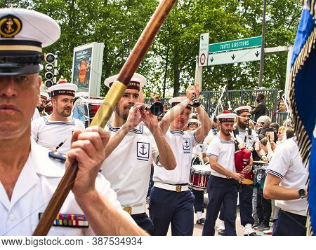 Rouen, France - June Circa, 2019. Unidentified Sailors Parade In Streets At The Festival Of The Navy