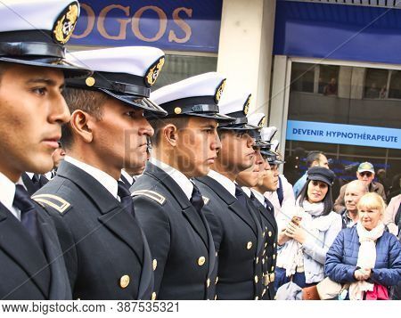 Rouen, France - June Circa, 2019. Unidentified Sailors Parade In Streets At The Festival Of The Navy