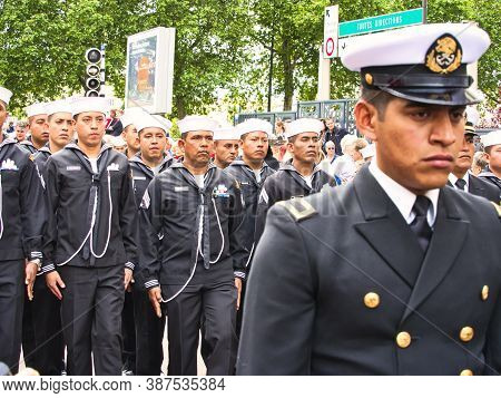 Rouen, France - June Circa, 2019. Unidentified Sailors Parade In Streets At The Festival Of The Navy