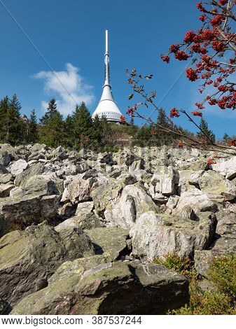 Trip To Jested Mountain With Popular Jested Tower And Hotel. Visible Telecommunication Transmitter B