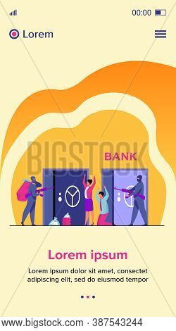 Gangsters With Gun Robbing Bank. Criminals Aiming Riffle At Workers, Taking Bags With Money. Vector 