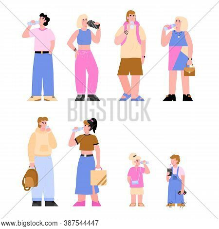 People Drinking Water For Keeping Fit And Water Balance. Healthy Lifestyle Compulsory Things, Flat C