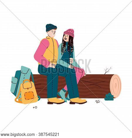 Couple Of Young Tourists Man And Woman Rest Sitting On A Log, Flat Cartoon Vector Illustration Isola