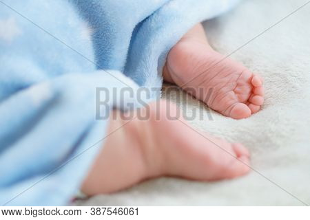 Tiny Bare Legs And Feet Of Newborn Covered With A Blue Soft Warm Blanket. Little Baby Sleeps On Whit