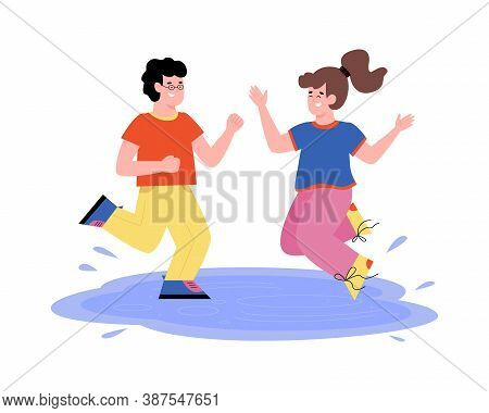 Mischievous Naughty Kids Jumping In Puddles, Flat Vector Illustration Isolated On White Background. 