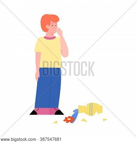 Mischievous Naughty Child Broke A Vase, Flat Cartoon Vector Illustration Isolated On White Backgroun