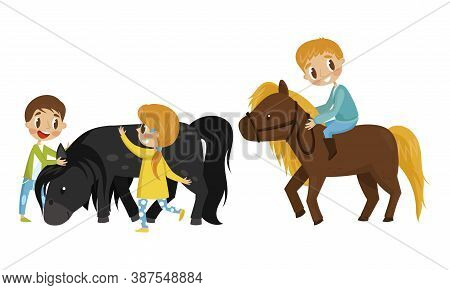 Cute Kid Stroking And Riding Horse Vector Set